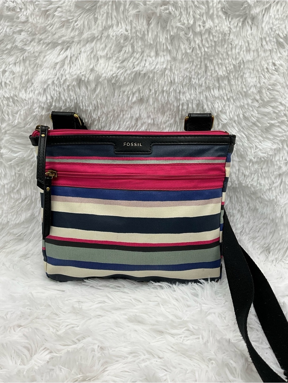 Fossil Striped Canvas Crossbody in Pink, Navy, Cream and Gray Adjustable Strap